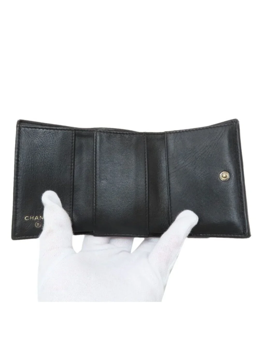 Chanel Quilted Compact Wallet Gold Trifold Lambskin